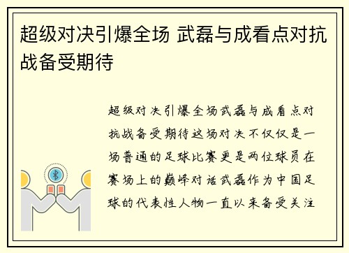 超级对决引爆全场 武磊与成看点对抗战备受期待 超级对决引爆全场 武磊与成看点对抗战备受期待