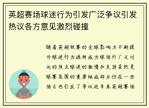 英超赛场球迷行为引发广泛争议引发热议各方意见激烈碰撞 英超赛场球迷行为引发广泛争议引发热议各方意见激烈碰撞